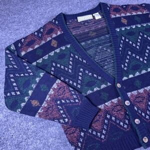 Vintage Michael Gerald Mens L Geometric Intarsia Cardigan 90s Grandpa